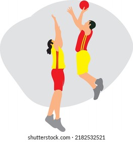 vector image of a basketball player performing a skill with an opposing player. basketball game is done in a sporty game