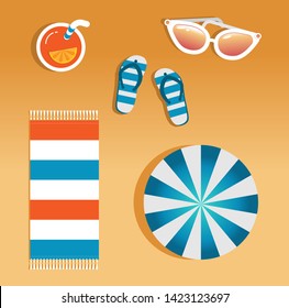 Vector image of beach accessories, glasses, towels, umbrella, cocktail, flip flops