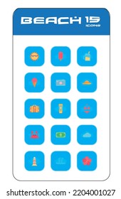 vector image. beach icon set with blue background.