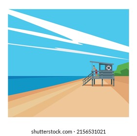 Imagen vectorial de una playa con una torre de socorristas.