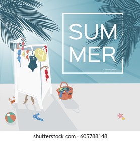 Vector image of a beach with palm tree by the sea. The girl is dressing a swimsuit. Summer background