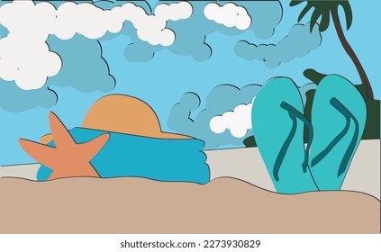 Vector image of a beach in paper cut style. Concept for a poster about tourism and recreation. Digital bright travel background. Summer mood and summer in the picture.

