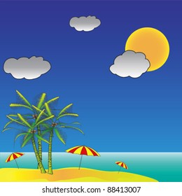 Vector image - beach, sea, and coconut palms.