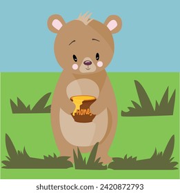 Vector image with a bear cub. A children's illustration with different seasons.