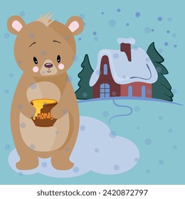 Vector image with a bear cub. A children's illustration with different seasons.