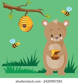 Vector image of a bear cub collecting honey from a beehive with bees. Healthy and delicious natural honey. For printing and printing on paper and textiles.