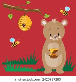 Vector image of a bear cub collecting honey from a beehive with bees. Healthy and delicious natural honey. For printing and printing on paper and textiles.