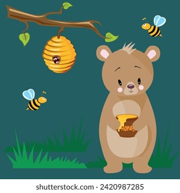 Vector image of a bear cub collecting honey from a beehive with bees. Healthy and delicious natural honey. For printing and printing on paper and textiles.