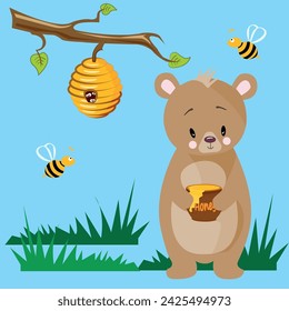 Vector image of a bear cub collecting honey from a beehive with bees. Healthy and delicious natural honey. For printing and printing on paper and textiles.