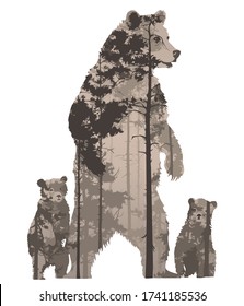 Vector image of a bear with cubs. Inside a pine forest. Isolated object