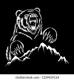 Vector image of a bear and mountains on a black background.