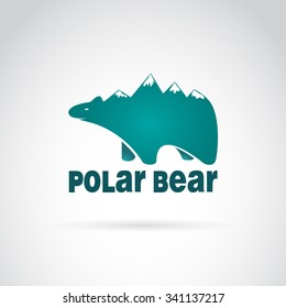 Vector image of bear with mountains on the back. Polar bear