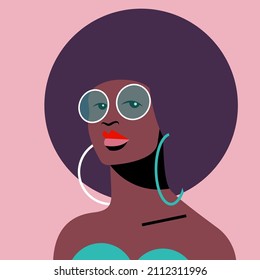 vector image of a beautiful black woman with a voluminous hairstyle, in bright sunglasses, beautiful lips and eyes in trendy colors. useful for print, posters, advertising, hairdressing, beauty salons