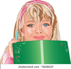 vector image of a beautiful blond girl with blue eyes, which is holding a book and a pen