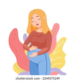 Vector image of a beautiful blonde pregnant woman touching her baby bump