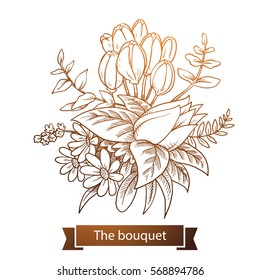 Vector image of a beautiful bouquet of different types of flowers: tulips, lily, on a white background. Inscription "The bouquet". Made in monochrome style. Line art.