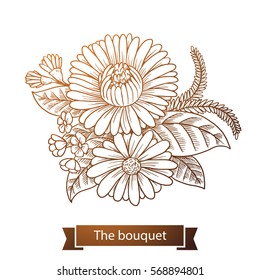 Vector image of a beautiful bouquet of different types of flowers: chrysanthemum, daisies, on a white background. Inscription "The bouquet". Made in monochrome style. Line art. 