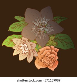 Vector image of a beautiful bouquet of different types of flowers: blue violet, pink rose, white chrysanthemum, green leaves on a dark background. Gift, holiday. Color image. Vector illustration.