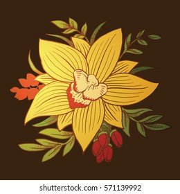 Vector image of a beautiful bouquet of different types of flowers:  yellow orchids, green leaves on a dark background. Gift, holiday. Color image. Vector illustration.