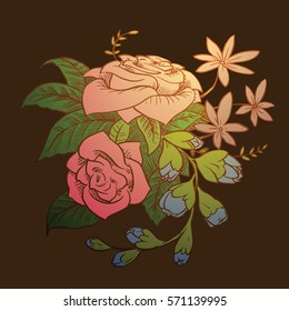 Vector image of a beautiful bouquet of different types of flowers: pink roses, white lilies, green leaves on a dark background. Gift, holiday. Color image. Vector illustration.