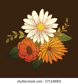 Vector image of a beautiful bouquet of different types of flowers: white daisies, red poppies, yellow chrysanthemum, green leaves on a dark background. Gift, holiday. Color image. Vector illustration.