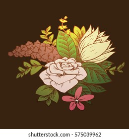 Vector image of a beautiful bouquet of different types of flowers: pink rose, white water lily, green leaves on a dark background. Gift, holiday. Color image. Vector illustration.