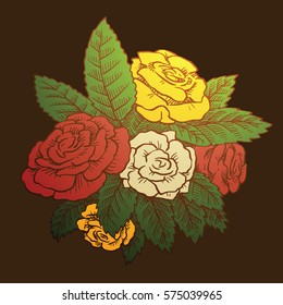 Vector image of a beautiful bouquet of different types of flowers: red, white, yellow roses, green leaves on a dark background. Gift, holiday. Color image. Vector illustration.