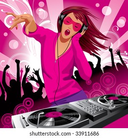 Vector image of beautiful DJ girl and people dancing at a party