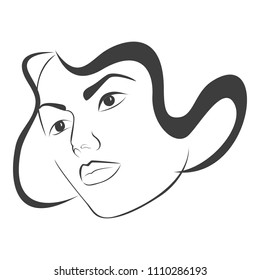 Vector image of a beautiful face of girl drawn by a brush, contouring technique, on a white background (can be deleted), for logo, printing and web.
