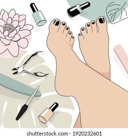 vector image of beautiful female feet after a pedicure with painted nails with black varnish, a pedicure set is scattered about the feet, nippers, nail files and varnishes, lotus flower and leaf