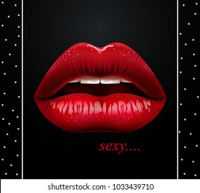 Vector image of beautiful female lips, red lipstick, 3d. Sexy lips on a black background. EPS10