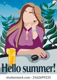 Vector image of a beautiful girl on the beach. Poster, banner. Summer time. Vector illustration for posters, covers, flyers. Weekend