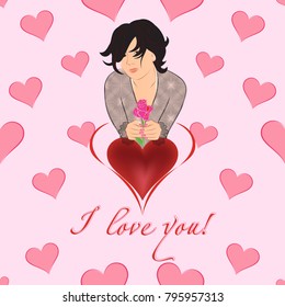The vector image of the beautiful girl with a rose on a pink background. Graceful hearts and an inscription - I love you.  Vector color background.