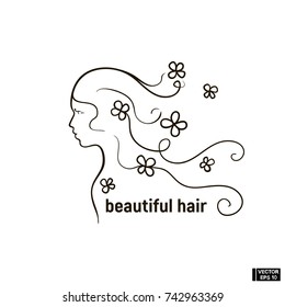 vector image. Beautiful long hair of icon, girl profile. Sign beauty salon, hairdresser