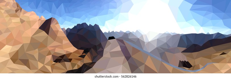 Vector image of a beautiful nature, mountain-style Low Poly. Abstract polygonal desert or cliff landscape with mountains, hills, clouds and sun. Modern geometric vector illustration.