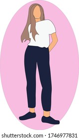 Vector image of a beautiful proud girl with long hair in a full-length t-shirt and jeans. A bright image for a website, beauty salon, hair salon, clothing store. The isolated image.