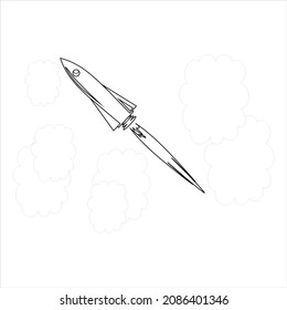 Vector image of a beautiful rocket with cloud decoration around it.