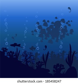 Vector image of beautiful of sea fishes, seahorses, algae and corals on a blue background