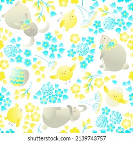 
Vector image, beautiful seamless pattern with easter bunnies and chicks on a white background.