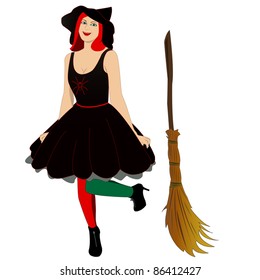 Vector image of beautiful sexy witch with broom