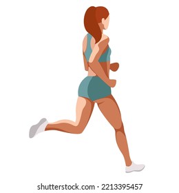 vector image of a beautiful slim girl in a sports uniform (shorts and a sports bra) is engaged in fitness, sports, trains isolated on a white background. the woman is running. morning run. jogging.