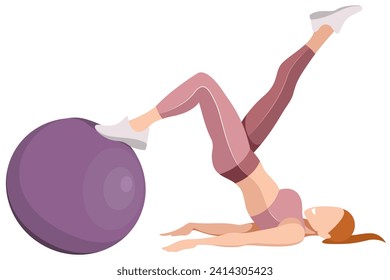 vector image of a beautiful slim girl in sportswear (leggings and sports bra) doing an exercise with a fitness ball isolated on a white background. woman doing fitness, sports, training, aerobics