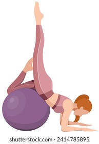 vector image of a beautiful slim girl in sportswear (leggings and sports bra) doing an exercise with a fitness ball isolated on a white background. woman doing fitness, sports, training, aerobics