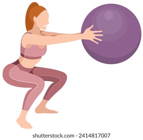 vector image of a beautiful slim girl in sportswear (leggings and sports bra) squats with a fitness ball isolated on a white background. woman doing fitness, sports, training, aerobics, exercise