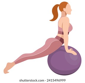 vector image of a beautiful slim girl in sportswear (leggings and sports bra) doing an exercise with a fitness ball isolated on a white background. woman doing fitness, sports, training, aerobics