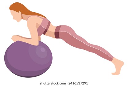 vector image of a beautiful slim girl in sportswear (leggings and sports bra) squats with a fitness ball isolated on a white background. woman doing fitness, sports, training, aerobics, exercise