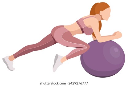 vector image of a beautiful slim girl in sportswear (leggings and sports bra) squats with a fitness ball isolated on a white background. woman doing fitness, sports, training, aerobics, exercise