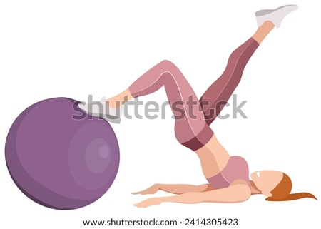 vector image of a beautiful slim girl in sportswear (leggings and sports bra) doing an exercise with a fitness ball isolated on a white background. woman doing fitness, sports, training, aerobics