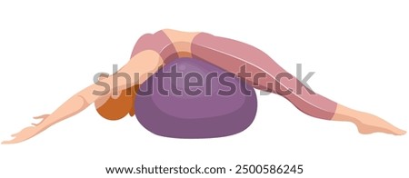 vector image of a beautiful slim girl in sportswear (leggings and sports bra) squats with a fitness ball isolated on a white background. woman doing fitness, sports, training, aerobics, exercise