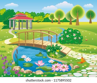 Vector image of a beautiful solar landscape with a gazebo, a lake and a wooden bridge